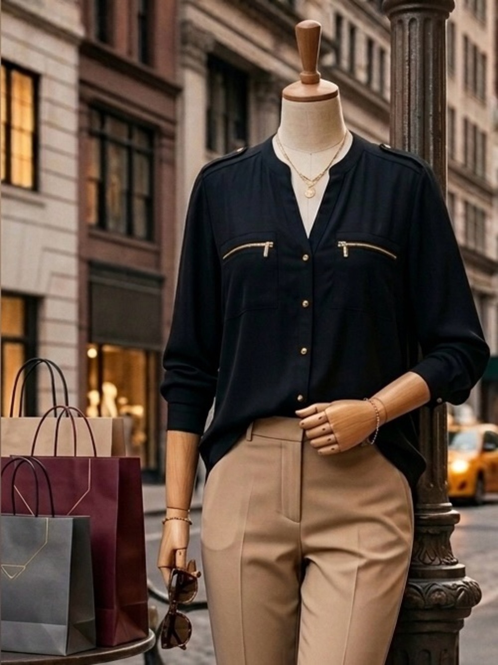 Calvin Klein Gold Zip Pocket Roll-Tab Sleeve Blouse Black XL Like New